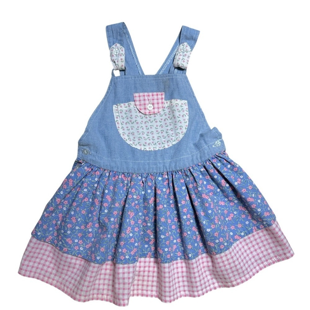 Vintage Floral Pink & Blue Girls Tiered Overall Dress Size 24mo